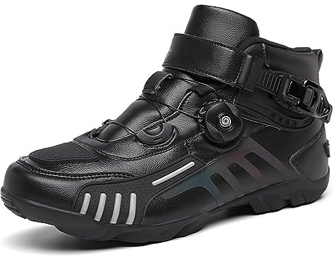 DJFOG Hommes Moto Chaussures Noir Motocross Bottines Courtes en Cuir Imperméable, Moto Off-Road Chaussures Racing Sports Bottes,Noir,42 EU