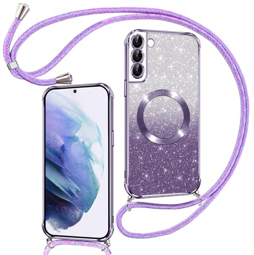 Phoona Handyband Hülle für Samsung Galaxy S21 mit Band [kompatibel mit MagSafe], Luxuriöse Glitzer Beschichtung Magnetische Handyhülle für Samsung S21 Silikon TPU Stoßfest Schutzhülle, Lila