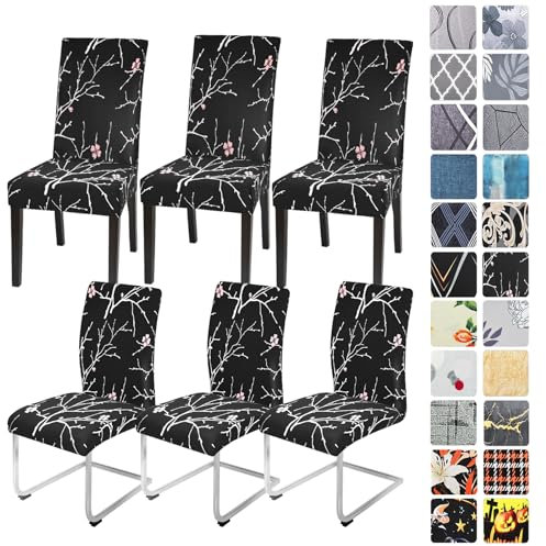 Alishomtll Stretch Stuhlhussen 4er/6er Set Schwarze Stuhlbezug Schwingstuhl Elastische Stuhlhussen Abnehmbarer Waschbarer Stühle Schutz für Esszimmer Restaurant Hotel Bankett (Pflaumenblüte, 6 Stück)