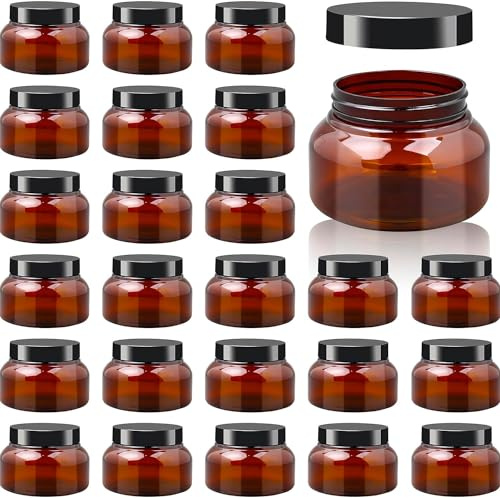 MSYU Lot de 24 bocaux en plastique ambré rechargeables de qualité supérieure avec couvercles et étiquettes - 240 ml - Pour crème, lotions, gel, sucre - Marron - 250 ml