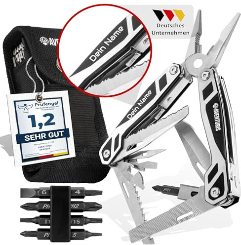 AVENTURIS® Multitool-Werkzeug -PERSONALISIERBAR- 21 Funktionen [Edelstahl] Ein Multifunktionswerkzeug DAS gadgets für männer, Multitool mit Messer, Zange und Schraubendreher, Multifunktionstool