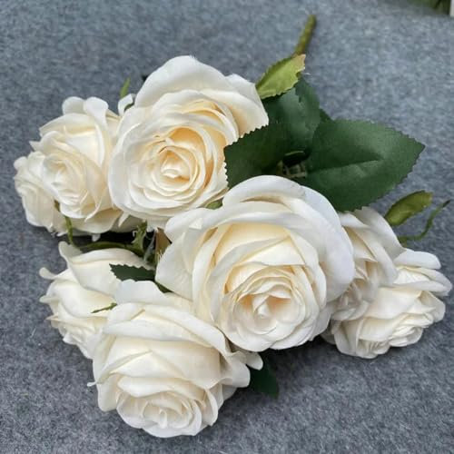 YOLNEY 9 têtes artificielles Roses Roses Mariage Bouquet de mariée Accessoires de Photographie décoration de Jardin de Maison Ornements de décoration de Jardin-Riz Blanc