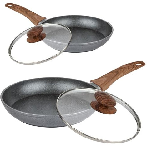 AEX Non-Stick Copper Frying Pan Set with Wooden Handles and Lids – Suitable for Induction, Electric and Gas Hobs – Durable Anti-Scratch Frying Pans – 2 Piece Cookware Set for Healthy Oil-Free Cooking