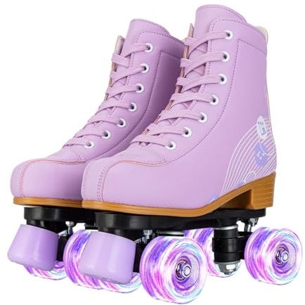 MEIGLQEA Roller Skates for Girls and Women, Cozy PU Leather Pink Purple Light Up Roller Skates, Indoor Outdoor Roller Skates for Youth Beginner Girls Ages 8-12 (32-Youth 1,Purple)