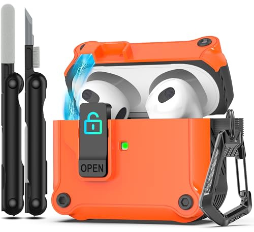 RFUNGUANGO Kompatibel mit Airpods 3 Hülle mit Reinigungsset, sicherer Verschlussclip, Ganzkörper-stoßfest, kompatibel mit Apple AirPod 3. Generation 2021,orange