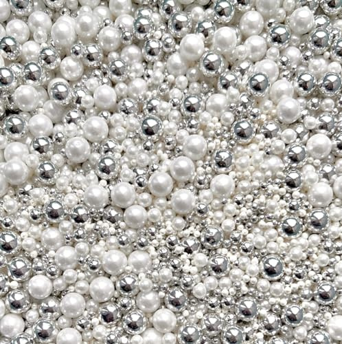 Silver White Metallic Sprinkles pearls cupcake cake toppers balls 100s and 1000s rods mix blend silver wedding decoration birthday cakes cupcakes topper MOON BEAM