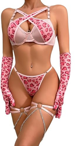 Mingnos Sexy Druck Dessous für Damen Vorne Kreuz Netz Bügel BH und Slip Set mit Handschuhen und Oberschenkel Gürtel, 4 Teilige Dessous Set Rosa, L