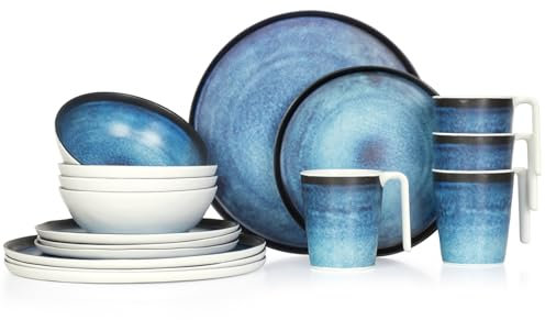 Vaisselle de camping en mélamine pour 4 personnes - 16 pièces - Passe au lave-vaisselle - Service de pique-nique - Vaisselle de camping - Design océan profond
