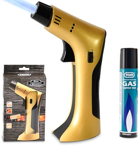 TOM Flambierbrenner Set MIT Gas befüllt + 1 x Butangas Kartusche – Profi Gasbrenner mit Sicherheitsschloss für Küche, Haushalt, Camping & Werkstatt – nachfüllbar – in zwei Farben – Jetflame (Gold)