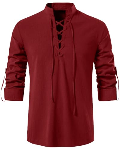 YAOHUOLE Linen Shirt Men Classic Medieval Lace Up Long Sleeve Retro Viking Tops Pirate Costume Scottish Ghillie Shirt