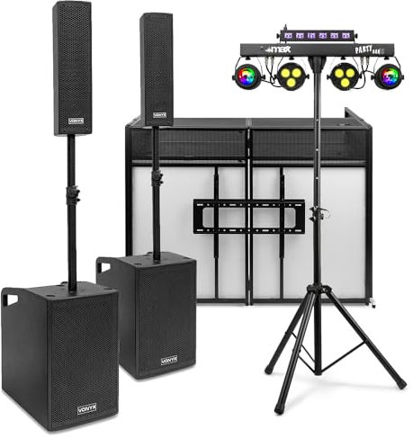 Vonyx VX1050BT Mobile DJ Setup, Column Array Speaker, DJ Booth with TV Mount, LED Lighting System & Soft Cases, Complete PA System Package for Weddings, Parties & Events