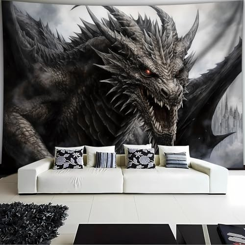 Arsey Wandteppich Drachen mit Feurigen Augen, Fantasy Gothic Tier Wandteppiche Aesthetic Spirituell Tapestry Wandtuch für Schlafzimmer Wohnzimmer BüRo Party, Grau-Schwarz 300x180cm
