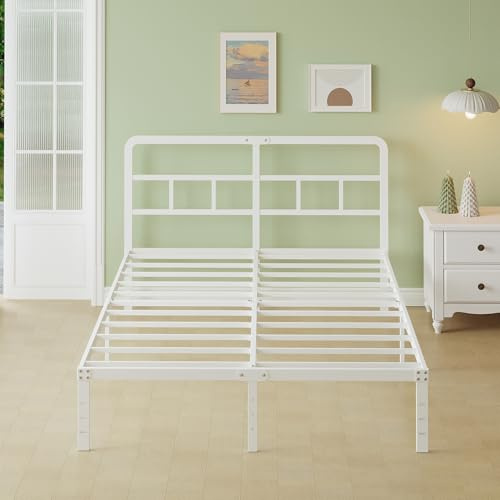 Lutown-Teen vit dubbelsängsram i metall 4 fot 6 med böjd sänggavel, 36 cm hög, slitstark metallsängbas dubbel med stålskivor, 135 x 190 cm, gott om förvaring under, bullerfri, enkel montering