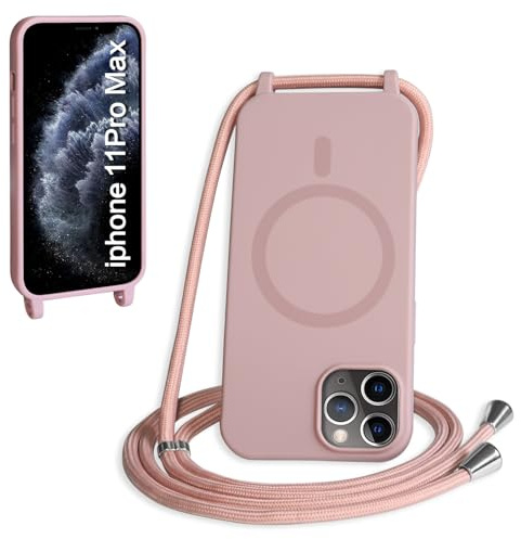 FMPCUON Magnetisch Handykette für iPhone 11 Pro Max Hülle,Necklace Hülle mit Bands Handyhülle für zum Umhängen Kordel,kompatibel mit Magsafe Silikon Case mit Handykordel,Rosa