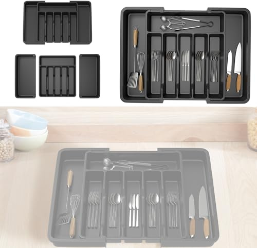 Vlihapy Large Kitchen Cutlery Drawer Organiser, 33-57CM Extendable Cutlery Tray, 8 Compartment Utensil Tray, Adjustable Silverware and Flatware Holder for Spoons Forks Knives, Black