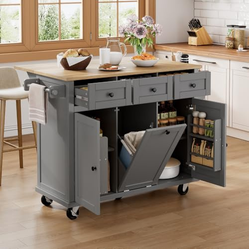 Wyibwy Mueble carro de cocina, isla de cocina sobre ruedas con cubo de basura y 3 cajones, carro de comedor con encimera plegable, carritos de cocina con especias y toallero, gris