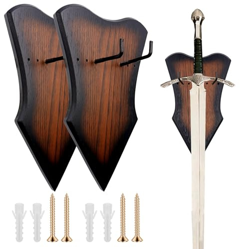 Roucerlin 2 pezzi regolabile verticale Spada di Legno Da Parete con hardware, medievale retro Spada Placca, multifunzionale in legno massiccio Placca per supporto per armi dell'arco pugnale, marrone