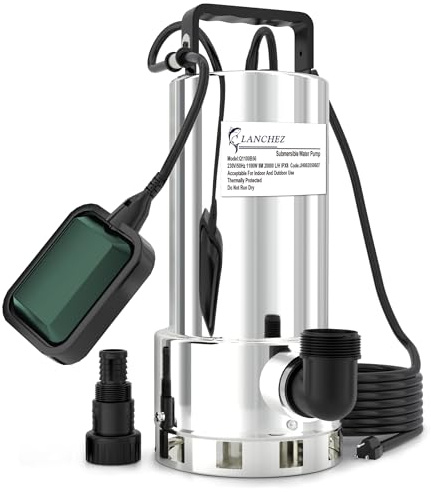 LANCHEZ 1100W Schmutzwassertauchpumpe, 20.000 l/h, max Förderhöhe 8 m, max Eintauchtiefe 7 m, mit automatischem Schwimmerschalter, 10 m Netzkabel für Poolentleerung, Keller, Garten