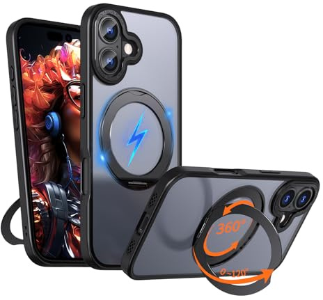 XKchatpt Mag-Stand 360° Roterbar Ring Magnetiskt Fodral för iPhone 17 [Stöder Trådlös Laddning] Transparent Hårt Silikon Stöttåligt Fodral med Ringhållare Svart