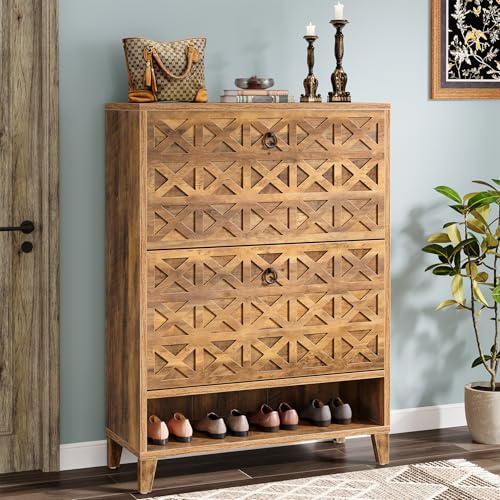 Tribesigns Schuhschrank mit 2 Klappschubladen, schmaler Schuhaufbewahrungsorganizer für den Eingangsbereich, freistehender Schuhschrank in Vintage-Braun