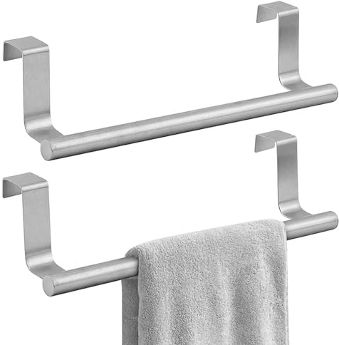 2Pcs Over Door Towel Rail, Heavy Duty Stainless Steel Hanging Tea Towel Holder with Non-Scratch Pad for Cupboard Cabinet Kitchen Bathroom, No Drilling, 23.5cm