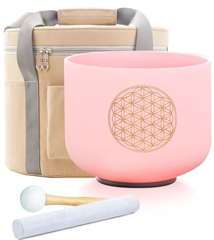 Hye-eun Cuenco tibetano de cristal rosa 528 Hz C Note flor de la vida cuenco cantante cuenco de cuarzo cuenco tibetano meditación chakra coordinado sanación sonido con bolsa de transporte