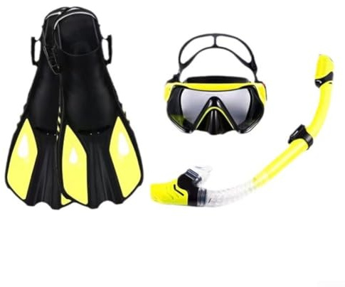 Trurovem Schnorchelausrüstungs-Set mit gehärtetem Glas Tauchen, Dry Top Schnorchelrohr, verstellbare Flossen für Erwachsene, komplettes 3-teiliges Set für Schwimm-Tauchabenteuer (S/M schwarz und gelb)