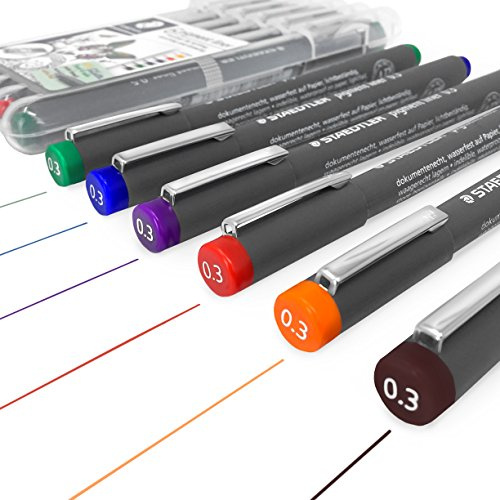 Staedtler 308-Pigment-Fineliner, 0,3 mm, Etui mit 6 verschiedenen Farben: Blau, Braun, Grün, Orange, Rot, Violett