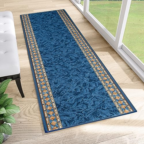 TAPISO Anti Rutsch Teppich Läufer rutschfest Brücke Meterware Blau Gelb Ornament Design Meliert Flur Küche Wohnzimmer 80 x 200 cm
