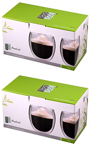 Feelino Tazas Cafe, 4 x Vasos Cafe Cristal Doble Pared, Tazon Térmico Cafe con Leche 400 ml, Tazas de Cafe de Vidrio de Doble Pared Aislante para Cappuccino y Te, Tazas de Vidrio Transparente