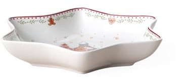 Villeroy & Boch Winter Bakery Delight Bol estrella mediano, Pueblo de pan de jengibre, bol para galletas, Premium Porcelain, rojo, varios colores, 24,5 cm