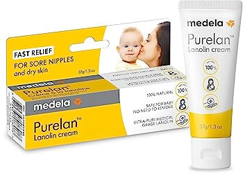 Medela Purelan Lanolin Nipple Cream, Fast Relief for Sore Nipples and Dry Skin, Made with Natural Ingredients, Hypoallergenic and Dermatologically Tested, Formulated Without Fragrance, 37 g
