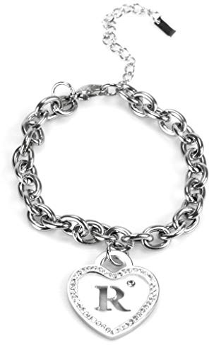 Flowers Bracciale Interamente in Acciaio Ciondolo a Forma di Cuore e zirconcini Lettera Traforata. Idea Regalo (R)