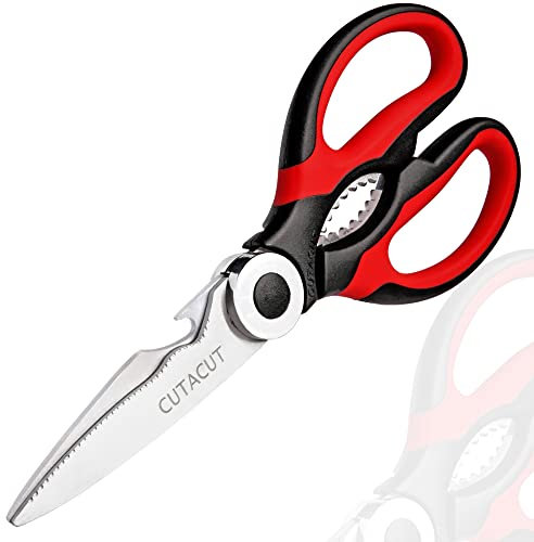 Cutacut Tijeras de cocina de acero inoxidable con agarre TPR, tijeras de cocina multiusos resistentes para carne, pollo, pescado, verduras y hierbas, abrebotellas (rojo)