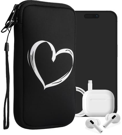 kwmobile Handytasche für Smartphones XL - 6,7/6,8 - Neopren Handy Tasche Hülle Cover Case Schutzhülle - Herz Brush Weiß Schwarz - 17,2 x 8,4 cm Innenmaße