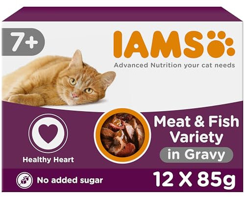 IAMS Delights Senior Katzenfutter Nass - Multipack mit Huhn und Fisch in Sauce, hochwertiges Nassfutter für ältere Katzen ab 7 Jahre, 12 x 85 g