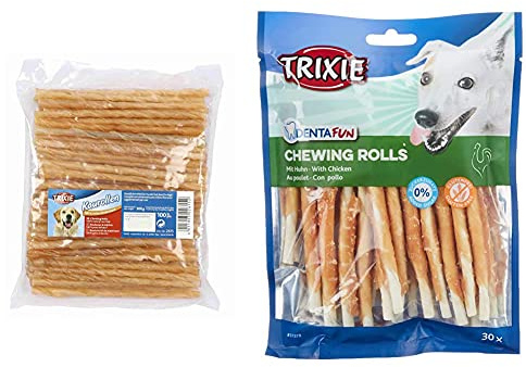 Trixie 2615 Kaurollen, gedreht, 12 cm/ø 5–6 mm, 100 St. & 31378 Denta Fun Chicken Chewing Rolls, 12 cm, 30 St./240 g