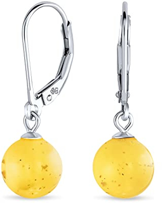 Boucles D'Oreilles Pendantes Simples En Forme De Boules De 8Mm En Gemmes Jaune Citron Ou Ambre Miel Cognac Pour Femmes Ados Argent Sterling