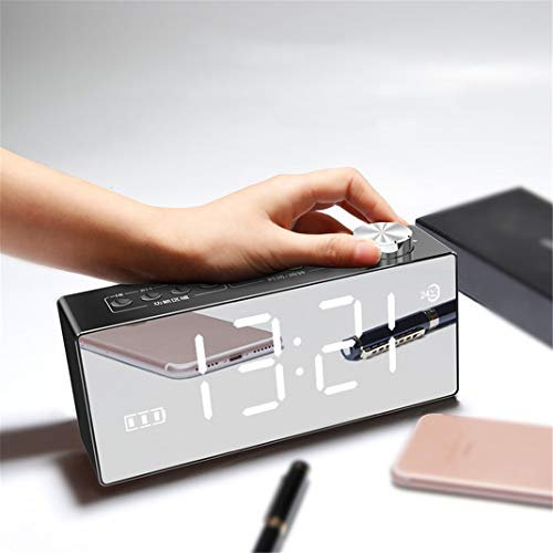 Despertador HD LED Espejo Despertador, Mini Radio FM Hogar Inalámbrico Bluetooth Altavoz Reloj Radio, Inteligente TF/AUX/USB/Bluetooth Reproducción Despertador Reloj Digital Radio Reloj,Black