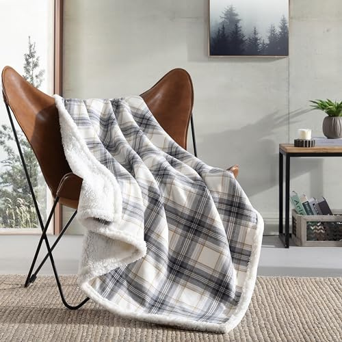 Eddie Bauer - Throw Blanket, Cotton Flannel Home Decor, All Season Reversible Sherpa Bedding (Edgewood Plaid Grey, Throw)