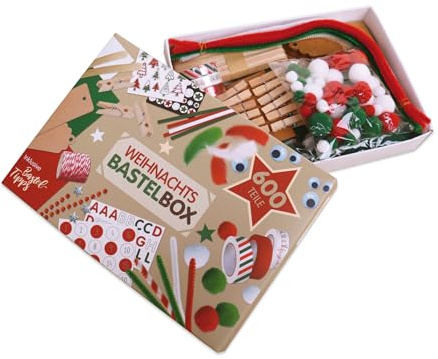 Lulubug Bastelset Weihnachten Kinder | Weihnachtsbastelset mit 600 Teilen und Bastelideen | Pompons, Klammern, Sticker (Sterne, Tannenbaum, Weihnachtsmann), Faden, Etiketten | Basteln Weihnachten