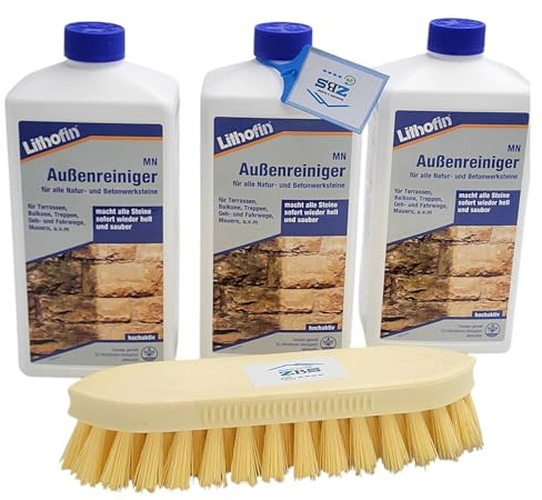 zbs24 Lithofin MN Außenreiniger 3 Liter mit Reinigungsbürste - hochwirksamer Steinreiniger für Beton-u. Natursteinen im Aussenbereich