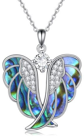 YAFEINI Engelsflügel Halskette Sterling Silber Weißer Opal Schutzengel Anhänger Halskette Flügel Schmuck für Frauen Mädchen Geschenke (Farbige Abalone-Muschel)