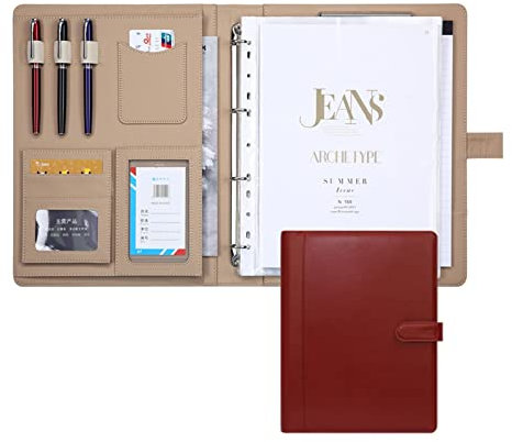 Schreibmappe A4 Konferenzmappe Ringbuch PU Leder Ordner Klemmbrett Dokumentenmappe Kartenfächer Visitenkartenetui Messenger Bag Für Damen Herren (Color : Brown, Size : No Calculator)