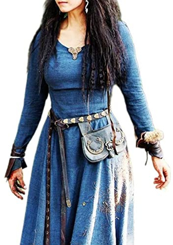 WEITING Vestido Medieval Mujer Manga Larga Maxi Túnica Vintage Hada Elfo Vestido Renacimiento Celta Vikingo Gótico Ropa Fantasía Bola -Azul,XL