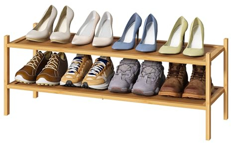 kiplant Long Shoe Rack, 2-Tier Bamboo Wood Shoe Rack, Stackable for Closet, Entryway & Hallway