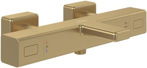 Villeroy & Boch Universal Taps & Fittings Badewannenthermostat, Badewannenarmatur mit Verbrühschutz und Sicherheitssperre bei 38°, Mischbatterie Badewanne Aufputz, eckig, Brushed Gold