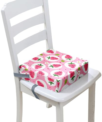 FANSU Kinder Sitzkissen Sitzerhöhung Stuhl, Karikatur Erdbeere Druck Baby Kind Sitzkissen Quadrat Zerlegbar Kleinkinder Esszimmerstuhl ErhöHen Pad Esszimmer Boostersitze (32x32x8cm,Rosa)