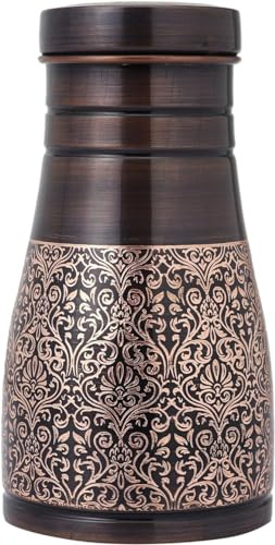 Pure Copper Bedside Carafe for Ayurveda Health Benefits - Capacity - 1 Liter (33.81 US Fluid Ounce) (Floral Pattern)