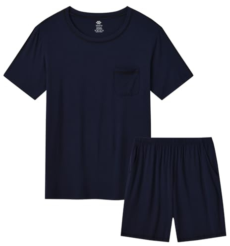 MoFiz Pijamas Hombre Verano Suave Conjunto de Pijama Corto Ropa de Dormir Dos Piezas Camiseta y Shorts con Bolsillos Liso Azul Marino EU 3XL
